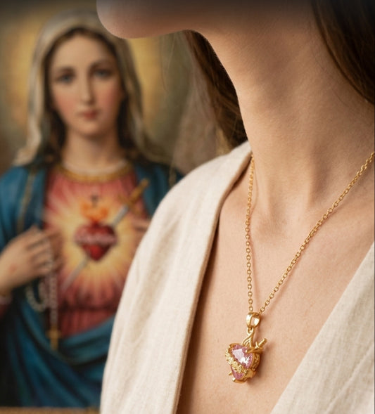 Collar Inmaculado Corazón de María y Baño de Oro 18K