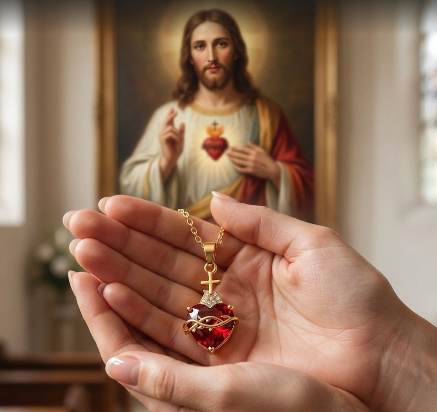 Collar Sagrado Corazón de Jesús en Oro de 18K - Acero Inoxidable