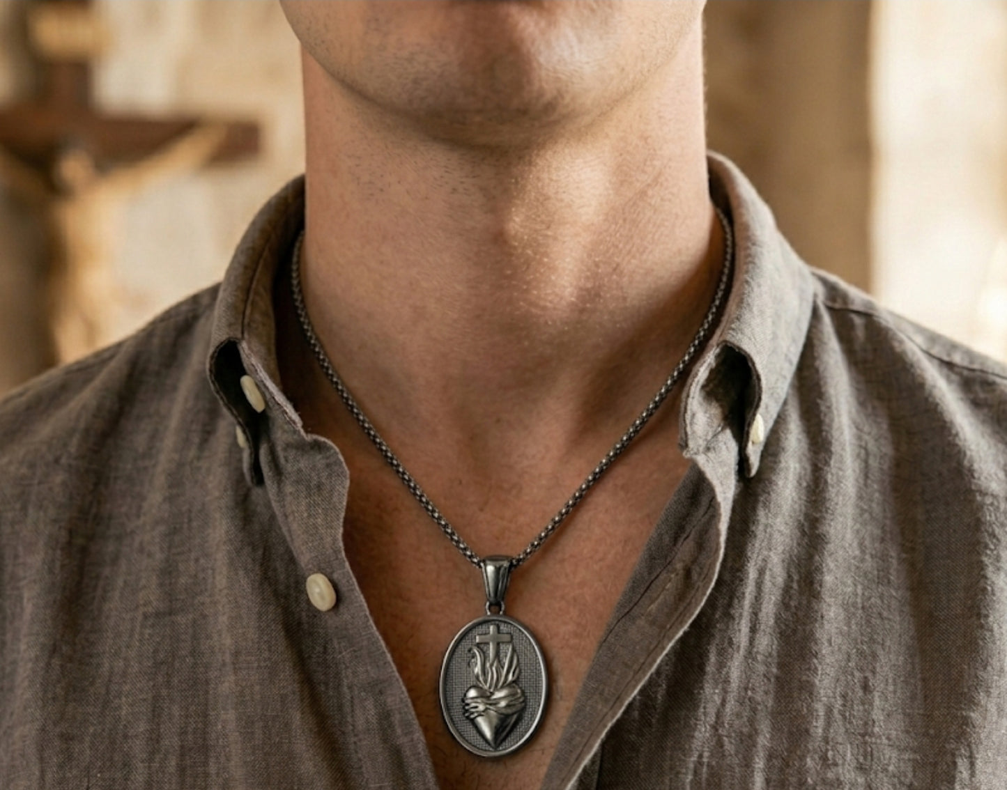 Medalla Sagrado Corazón para Hombre - Acero Inoxidable 201